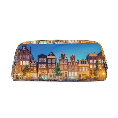 JCAKES Amsterdam Night View Leder Federmäppchen Federtasche für Mädchen Mäppchen Jungen Klein Federmäppchen Personalisiert Federmäppchen Aufbewahrungstasche Kosmetiktasche, gold, Einheitsgröße, von JCAKES