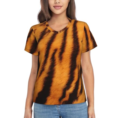 JCAKES Damen-T-Shirts mit V-Ausschnitt, kurzärmelig, weich und atmungsaktiv, für den täglichen Gebrauch, buntes Muster, Tiger Streifenmuster, XXX-Large von JCAKES