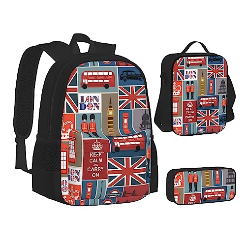 JCAKES Kinder Schultasche Rucksack England Symbole Reise Tagesrucksack Lunchtasche Federmäppchen 3 in 1 Rucksäcke Sets Schwarz, Schwarz , Einheitsgröße, Kinderrucksack von JCAKES