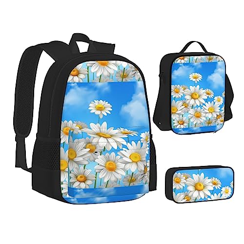 JCAKES Kinder Schultasche Rucksack Frühling Gänseblümchen Blumen Reise Tagesrucksack Lunchtasche Federmäppchen 3 in 1 Rucksäcke Sets Schwarz, Schwarz , Einheitsgröße, Kinderrucksack von JCAKES