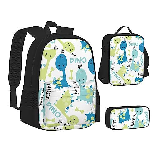 JCAKES Kinder Schultasche Rucksack Niedlich Dinosaurier Reise Tagesrucksack Lunchtasche Federmäppchen 3 in 1 Rucksäcke Sets Schwarz, Schwarz , Einheitsgröße, Kinderrucksack von JCAKES