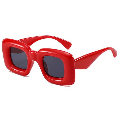 JCTAIFOO Retro Quadratische Sonnenbrille für Herren Damen Dicker Aufblasbarer Rahmen Trendy Y2K Lustige Schatten Chunky Party Brille Rot/Grau von JCTAIFOO