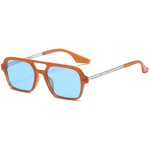 JCTAIFOO Vintage 70s Quadratische flache Piloten-Sonnenbrille für Herren Damen Trendy Retro Rectangle Small Shades Cool Niedliche Mode Brille Orange-Silber/Blau von JCTAIFOO