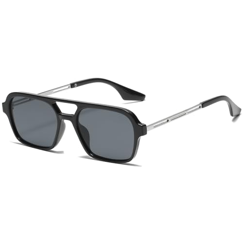 JCTAIFOO Vintage 70s Quadratische flache Piloten-Sonnenbrille für Herren Damen Trendy Retro Rectangle Small Shades Cool Niedliche Mode Brille Schwarz-Silber/Grau von JCTAIFOO