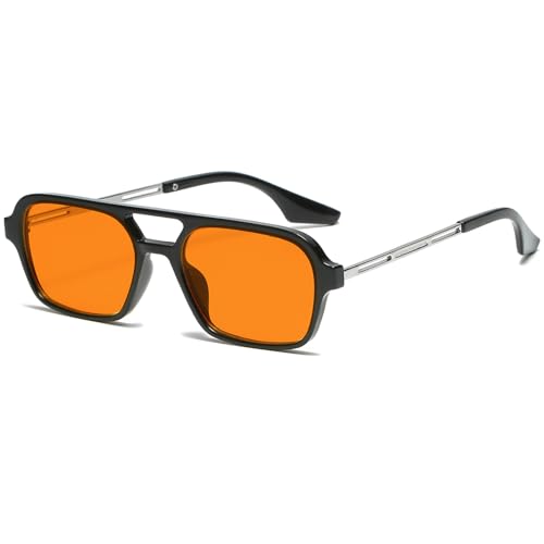 JCTAIFOO Vintage 70s Quadratische flache Piloten-Sonnenbrille für Herren Damen Trendy Retro Rectangle Small Shades Cool Niedliche Mode Brille Schwarz-Silber/Orange JCTAIFOO Vintage 70s Quadratische flache Piloten-Sonnenbrille für Herren Damen Trendy Retro Rectangle Small Shades Cool Niedliche Mode Brille Schwarz-Silber/Orange von JCTAIFOO
