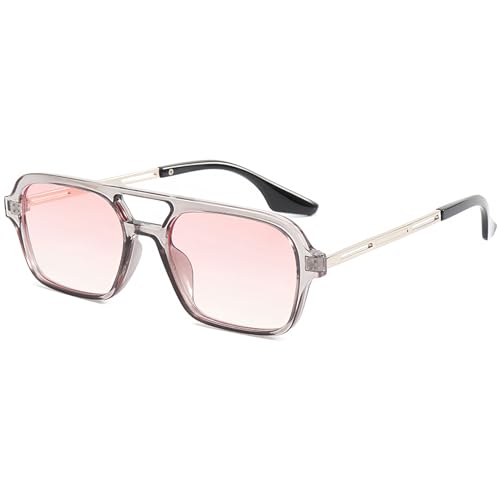 JCTAIFOO Vintage 70s Quadratische flache Piloten-Sonnenbrille für Herren Damen Trendy Retro Rectangle Small Shades Cool Niedliche Mode Brille Transparent grau-Silber/Rosa von JCTAIFOO