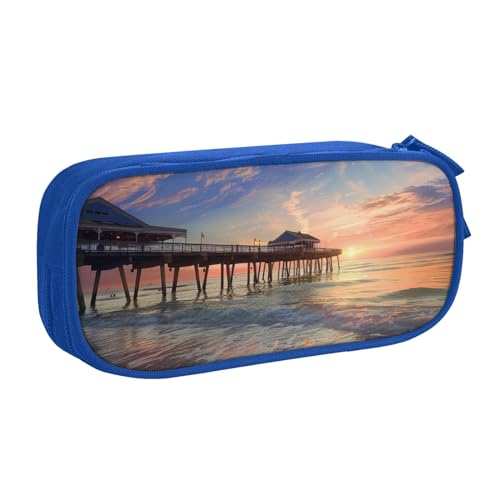 JCVOTREL Bedrucktes Federmäppchen mit Sonnenuntergang an der Strandbrücke, großes Fassungsvermögen, Schreibwarentasche, Stifteetui mit Reißverschluss, für Schule, Reisen, Büro, blau, Einheitsgröße, von JCVOTREL