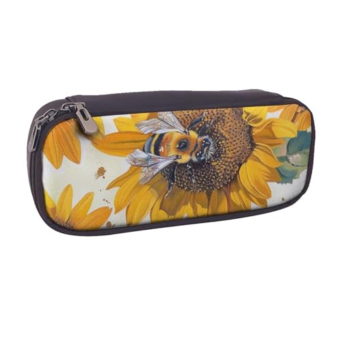 JCVOTREL Federmäppchen aus Leder, mit Schlangenleder-Motiv, mit Reißverschluss, für Schule, Reisen, Büro, Schwarz und Weiß, Biene auf Sonnenblume, Einheitsgröße, Kosmetiktasche von JCVOTREL