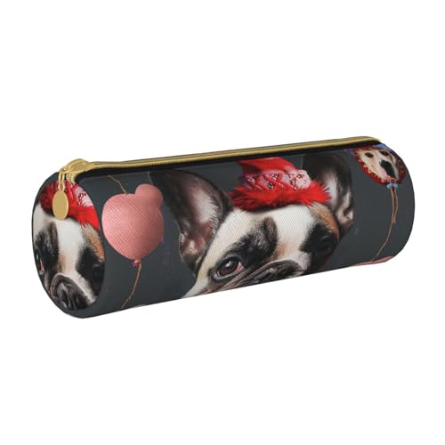 JCVOTREL Federmäppchen mit Lebkuchenmann-Motiv, bedrucktes Leder-Federmäppchen – runde Schreibwarentasche, Stifteetui mit Reißverschluss, für Schule, Reisen, Büro, Französische Bulldogge, von JCVOTREL