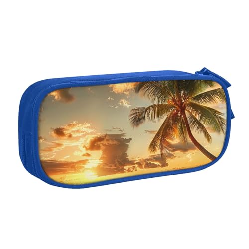 JCVOTREL Federmäppchen mit Sonnenuntergang und Hawaii-Palme, großes Fassungsvermögen, Schreibwaren-Tasche, Stifteetui mit Reißverschluss, für Schule, Reisen, Büro, blau, Einheitsgröße, Kosmetiktasche von JCVOTREL