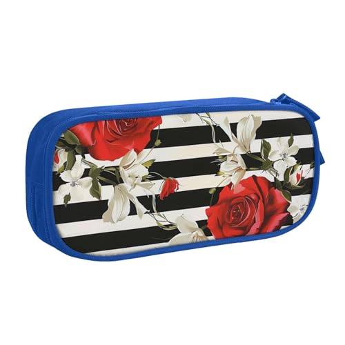 JCVOTREL Federmäppchen mit schwarz-weißen Streifen, roten Rosen und Blumen, großes Fassungsvermögen, Schreibwaren-Tasche, Stifteetui mit Reißverschluss, für Schule, Reisen, Büro, blau, Einheitsgröße, von JCVOTREL