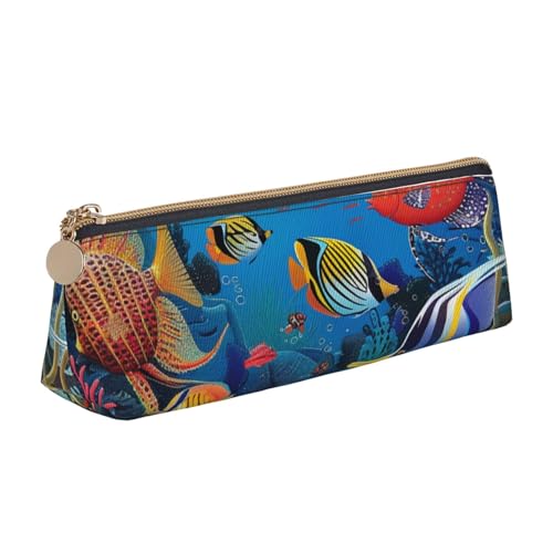 JCVOTREL Federmäppchen mit tropischer Palme, bedrucktes Leder, dreieckig, Schreibwaren-Tasche, Stifteetui mit Reißverschluss, für Schule, Reisen, Büro, The Underwater World Tropical Fish, von JCVOTREL