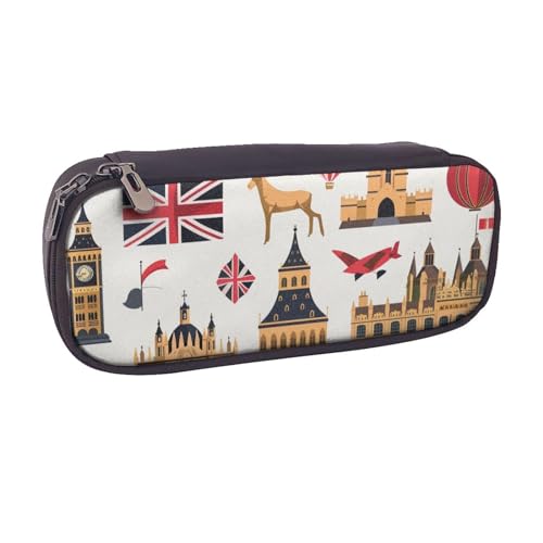 JCVOTREL Modisches Federmäppchen mit Herzen, bedruckt, Leder, Stifteetui mit Reißverschluss, für Schule, Reisen, Büro, England-Symbole, Einheitsgröße, Kosmetiktasche von JCVOTREL