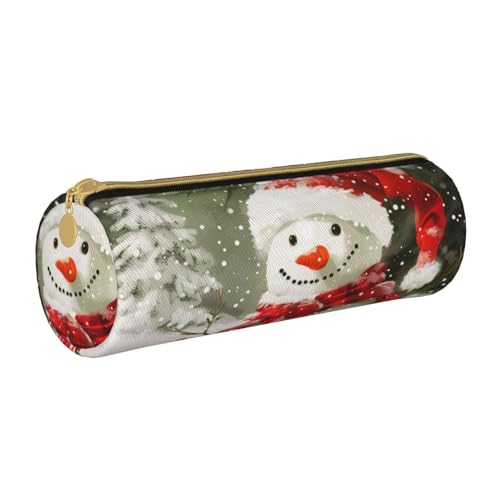 JCVOTREL New York Paintings bedrucktes Leder-Federmäppchen – runde Schreibwaren-Tasche Stifteetui mit Reißverschluss für Schule, Reisen, Büro, Merry Christmas With Happy Snowman, Einheitsgröße, von JCVOTREL