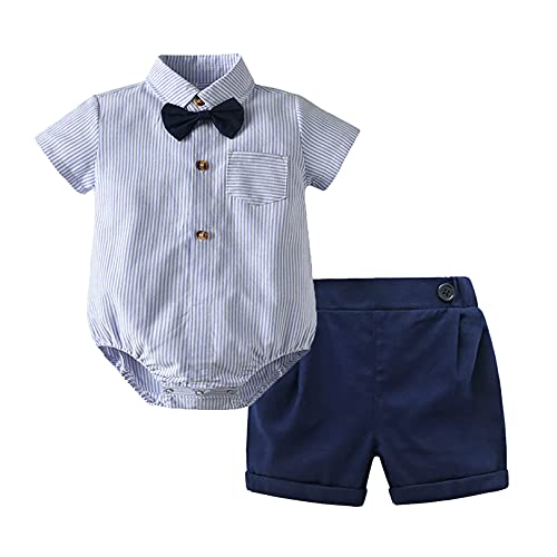 JEATHA Baby Jungen Kurzarm Hemdbody + Kurze Hosen Set Gentleman Suit Anzug Strampler Shorts Taufe Festlich Hochzeit Outfit Kinder Sommer Bekleidung Set Hellblau 68-74 von JEATHA