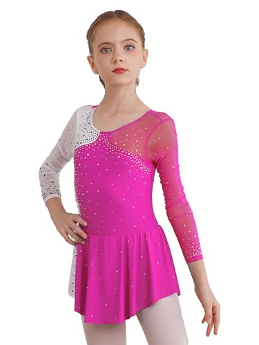 JEATHA Eiskunstlauf-Kleid Mädchen Ballettkleid Ballettanzug Strass Langarm Skating Tanzkleider Glänzend Turnanzug Gymnastikanzug Ballettkleidung Rosa 146-152 von JEATHA