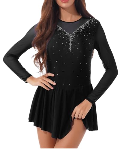 JEATHA Damen Asymmetrisches Eiskunstlauf Kleid Strass Ballettkleid Ballettanzug Gymnastikanzug Langarm Tanzkleid Wettbewerb Kostüm Schwarz D XL von JEATHA