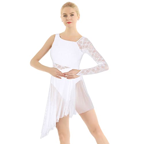 JEATHA Damen Ballettkleid Eiskunstlauf Kleid Spitze Ärmel Mesh Ballettrock Body Trikot Leotard Ballettanzug Asymmetrisch Saum Tanzrock Gymnastikanzug für Lyrisch Modern Tanz Kostüm Weiß S von JEATHA