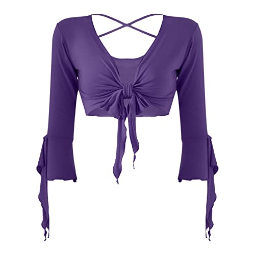 JEATHA Damen Bauchtanz Kostüm Cardigan Bauchfrei Top mit 3/4-Ärmel Latin Jazz Oberteil Fransen Halter Crop Top Bolero Festlich Belly Dance Nachtclub GOGO Clubwear Violett One Size von JEATHA