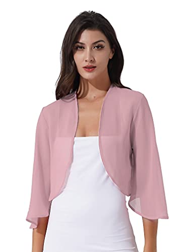 JEATHA Damen Chiffon Cardigan Bolero 3/4 Ärmel Transparente Bolerojacke Schulterjäckchen Kurz Oberteil Bauchfrei Sommer Blazer Jäckchen für Abendkleider Hochzeit Dunkelrosa M von JEATHA