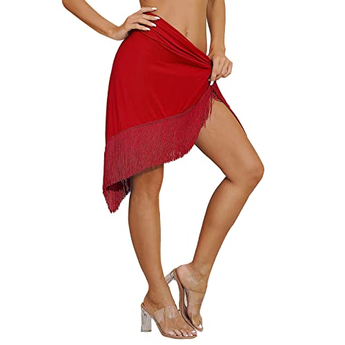 JEATHA Damen Latein Tanz Röcke Fransen Rock Asymmetrischen Saum Quaste Hip Schal Fransenkleid Latin Tango Salsa Kleider Tanzkostüm Rot One Size von JEATHA