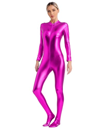 JEATHA Damen Metallic Jumpsuit Wetlook Bodysuit Overall Langarm Ganzkörper Trikot Body Strumpfhose Turnanzug mit Reisverschluss für Performance Clubwear Hot Pink S von JEATHA