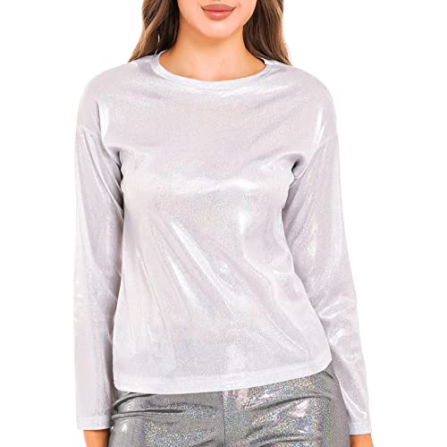 JEATHA Damen Metallic T-Shirt Langarm Bluse Oberteile Slim Fit Tops Glänzend Rundhals Oberteil Langarmshirt 70er 80er Disco Party Kostüm Silber S von JEATHA