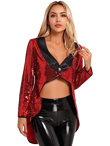 JEATHA Damen Pailletten Zirkus Frack Jacke Glitzernde Smoking Oberbekleidung Halloween Fasching Zirkus Damen-Kostüm Rot L von JEATHA