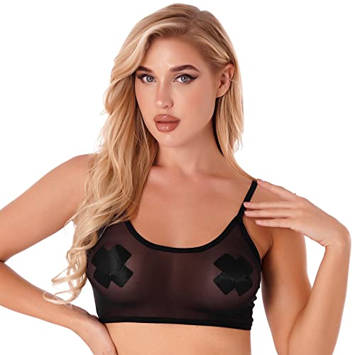 JEATHA Damen Transparent Fischnetz BH Bustier Mesh Crop Top Bauchfrei Oberteil Träger Top Tank Tops Clubwear Schwarz/Weiß Schwarz F S von JEATHA