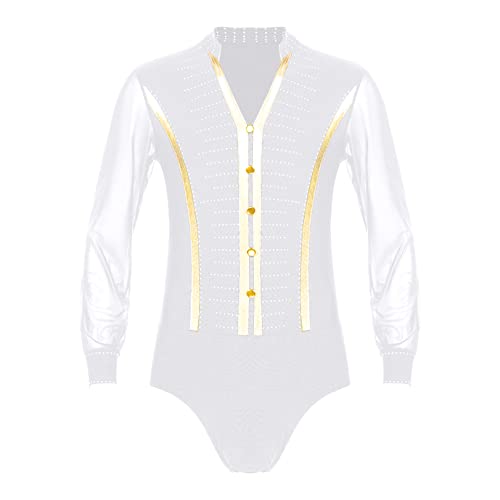 JEATHA Herren Glitzer Tanz-Body Bodysuit V-Ausschnitt Gymnastikbody Ballsaal Samba Latein Body mit Mesh Langarm Trikot Leotards Performance Tanzkostüm Weiß M von JEATHA