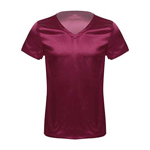 JEATHA Herren Kurzarm Satin T-Shirt V-Ausschnitt Unterhemd Seide Schlafshirt Lose Pyjamashrt Einteilig Schlafanzug Hausanzug Sleepwear Loungewear Burgundy XL von JEATHA