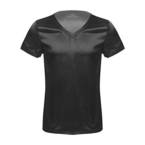 JEATHA Herren Kurzarm Satin T-Shirt V-Ausschnitt Unterhemd Seide Schlafshirt Lose Pyjamashrt Einteilig Schlafanzug Hausanzug Sleepwear Loungewear Schwarz L von JEATHA