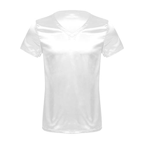 JEATHA Herren Kurzarm Satin T-Shirt V-Ausschnitt Unterhemd Seide Schlafshirt Lose Pyjamashrt Einteilig Schlafanzug Hausanzug Sleepwear Loungewear Weiß XXL von JEATHA