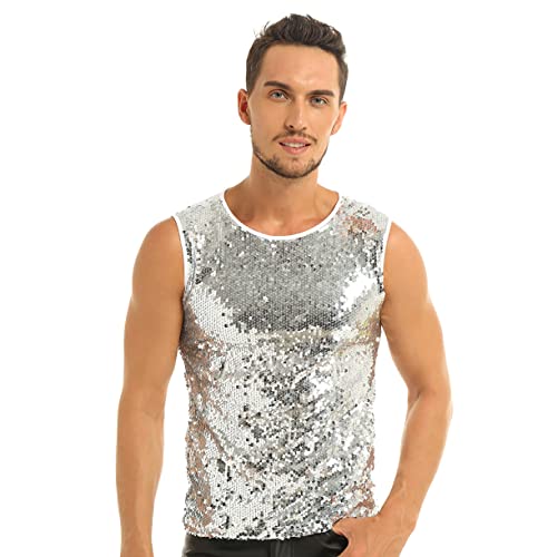 JEATHA Herren Pailletten Tank Top Ärmellos Rundhals T-Shirt Unterhemd Tanktop Glänzend Oberteil Slim Fit Muskelshirt Weste Partykleidung Disco Nachtclub Weiß L von JEATHA