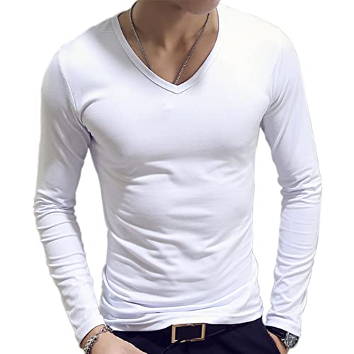 JEATHA Herren Thermo-Unterhemd Langarm Innenfleece T-Shirt Thermounterhemd V-Ausschnitt Freizeithemd Muskelshirt Thermounterwäsche Weiß B 3XL von JEATHA