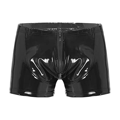 JEATHA Herren Wetlook Shorts Lackleder Boxershorts Unterhose mit Reißverschluss Latex Kurze Hose Briefs Männer Ledershorts Pants Hipster Erotik Dessous Gogo Clubwear Schwarz M von JEATHA