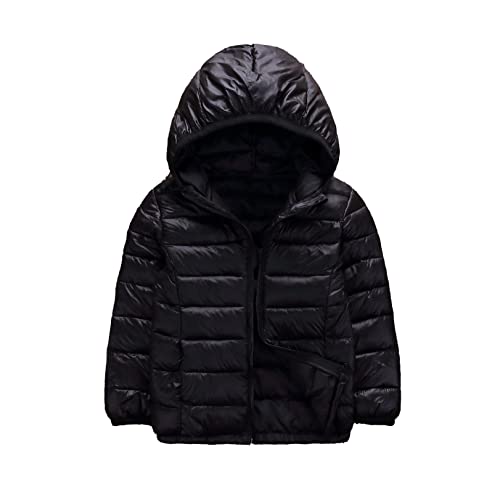 JEATHA Kinder Daunenjacke Steppjacke Jungen Mädchen Kapuzenjacke Sweatjacke mit Kapuze Reißverschluss Einfarbige Winterjacke Leichte Mantel Warme Oberbekleidung Schwarz 122-128 von JEATHA