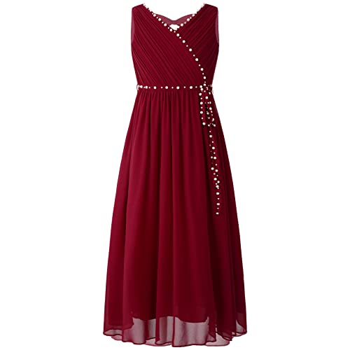 JEATHA Mädchen Elegant Chiffon Partykleid Prinzessin Kleid Ärmellos Blumenmädchenkleider mit Perlen Ballkleid Kommunionkleid Hochzeit Geburtstag Burgundy 146-152 von JEATHA