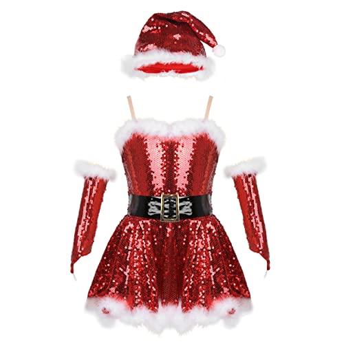 JEATHA Weihnachtself-Kleid Mädchen Weihnachtsmann Outfits Tanz Kostüm Partykleid mit Pailletten Eiskunstlauf-Kleid Skating Ballett Leotard Christmas Santa Kleid mit Hut Rot 152 von JEATHA