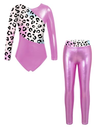 JEATHA Zweiteilige Mädchen Turnanzug Gymnastikanzug Metallic Langarm Gymnastikbody Tanzbody Leggings Jogginghose Sportanzug Rosa 122-128 von JEATHA