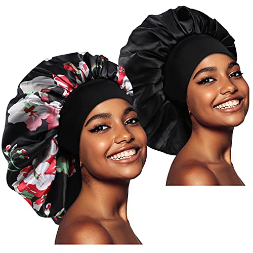 2 Stück Große Schlafmütze Nachtmütze,Weiche Nacht Schlaf Mütze Hut Satin Nachtmütze atmungsaktive Schlafkappe Kopfbedeckung mit Breitem Gummiband Sleep Cap Hair Bonnet für Damen (Schwarz, floral) von JEFFOUOO