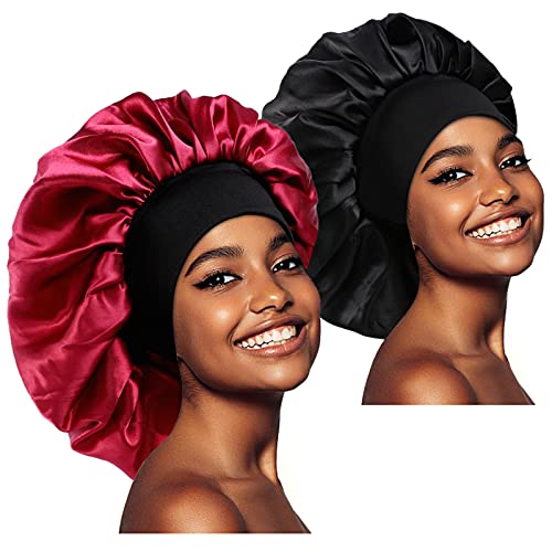 2 Stück Große Schlafmütze Nachtmütze,Weiche Nacht Schlaf Mütze Hut Satin Nachtmütze atmungsaktive Schlafkappe Kopfbedeckung mit Breitem Gummiband Sleep Cap Hair Bonnet für Damen (Schwarz,Weinrot) von JEFFOUOO