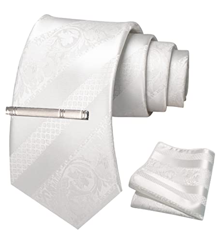 JEMYGINS Herren Krawatten Set mit gemischtem Rosen und Streifenmuster inklusive Krawattenklammer und Taschentuch reines Weiß von JEMYGINS