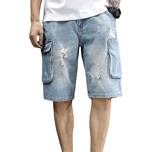Distressed Denim Shorts für Herren mit Mehreren Taschen Lässige Schmal Geschnittene zerrissene Jeansshorts Leichte Gerade Hip Hop Jeans Shorts (Hellblau,32) von JEShifangjiusu