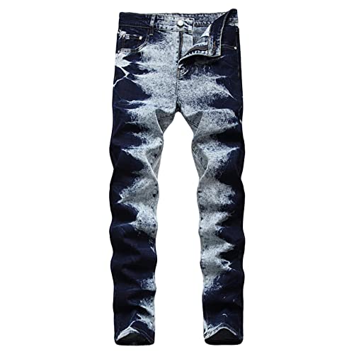 Slim Fit Tie Dye Jeans für Herren Bedruckte Hip Hop Jeanshose mit Geradem Bein Distressed Washed Jeanshose Streetwear (38,Dunkelblau) von JEShifangjiusu