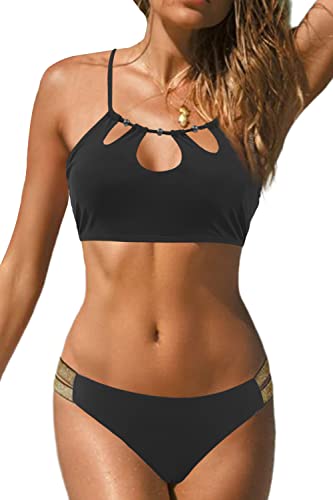 JFAN 2 Stück Damen Bikini Set Triangel Goldenem Gürtel Badeanzug Kordelzug Rückenfrei Bademode Zweiteilige Bikini für Damen Schwarz S von JFAN