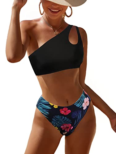 JFAN Badeanzug Damen Frauen Eine Schulter Patchwork Sexy Solid Halfter Gepolstert Push Up Bikini Set Zweiteiliger Badeanzug,Schwarz + Blumendruck L von JFAN