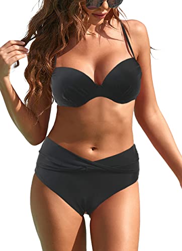 JFAN Bikini Damen Bedruckter Badeanzug Damen mit Hoher Taille BademodeSwimsuit Bikini Push Up Schwarz L von JFAN