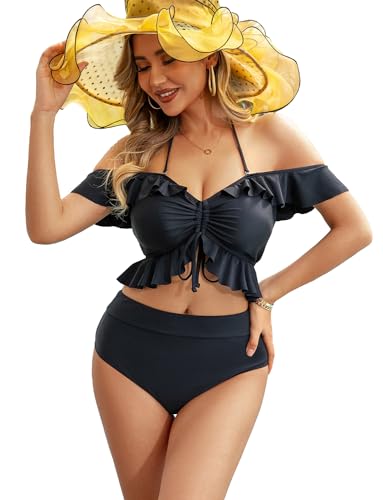 JFAN Bikini Set Off Shoulder Ruffled Flounce Halter Crop Top High Waisted Bottom Tummy Control Swimsuits für Frauen Schwarz S von JFAN