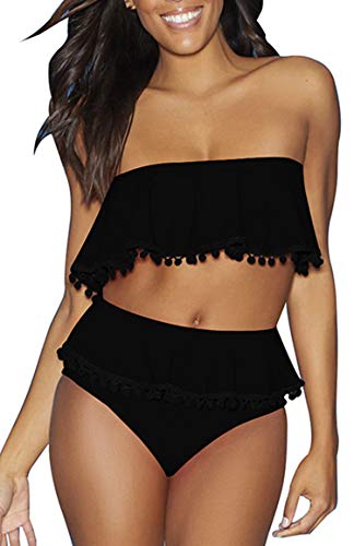 JFAN Damen Badeanzug Geteilter Badeanzug Quaste Volant Push Up Bauchkontrolle Hohe Taille Bikini Set Bademode Swimsuit Schulterfrei Zweiteiliger Badeanzug von JFAN